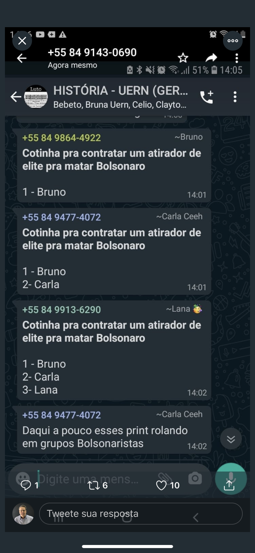 Grupo de alunos no RN faz cota para contratar atirador de elite para matar Bolsonaro
