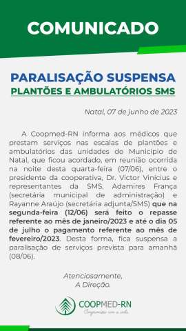 Cooperativa dos Médicos suspende paralisação dos serviços prevista para esta quinta-feira (8)
