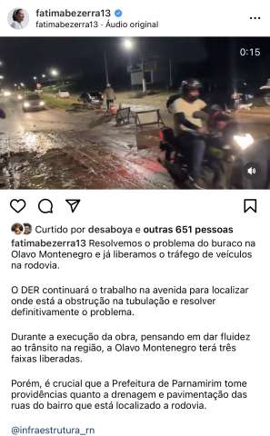 Fátima Bezerra comemora fechamento de buraco