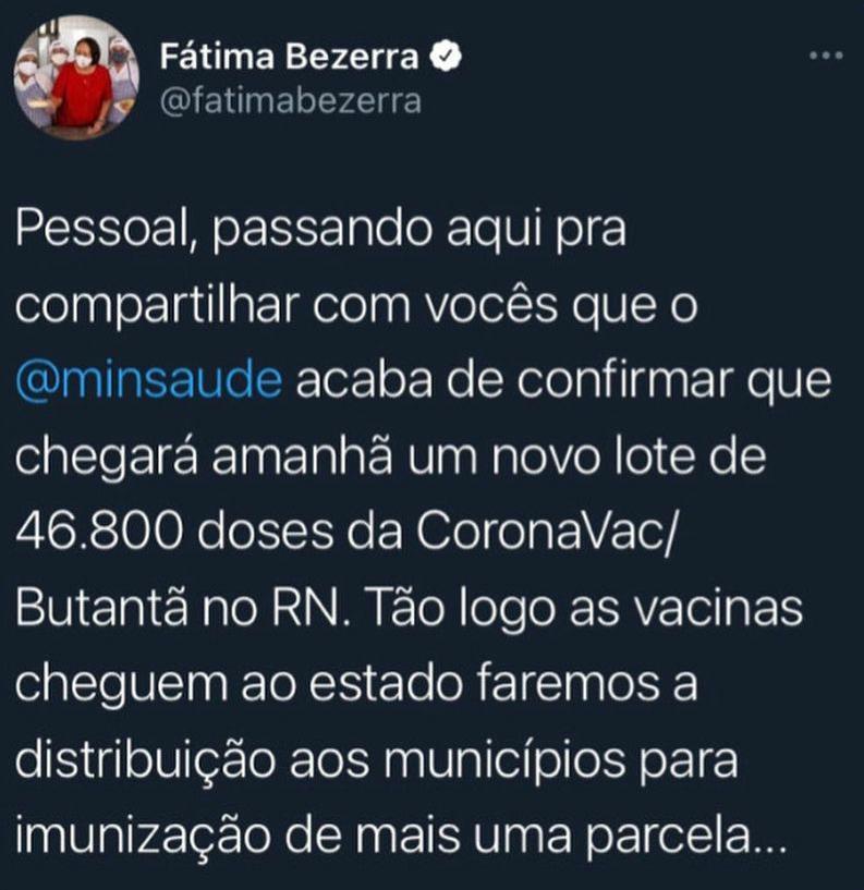 Governo do RN anuncia chegada de novo lote com 46.800 doses da vacina CoronaVac