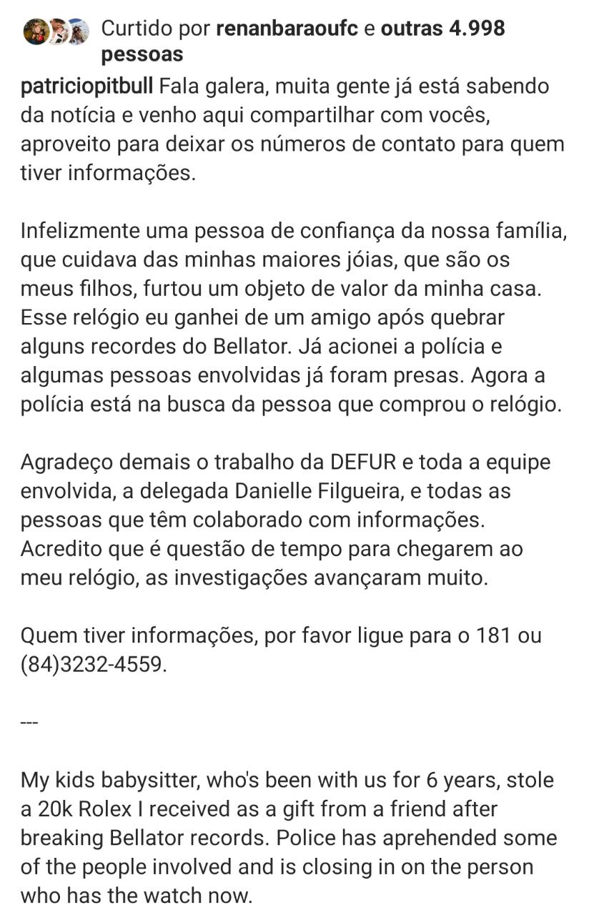 Lutador Patrício Pitbull pede ajuda para encontrar relógio de R$ 120 mil furtado por babá