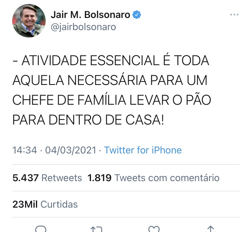 Perfeito: Bolsonaro define “atividade essencial”