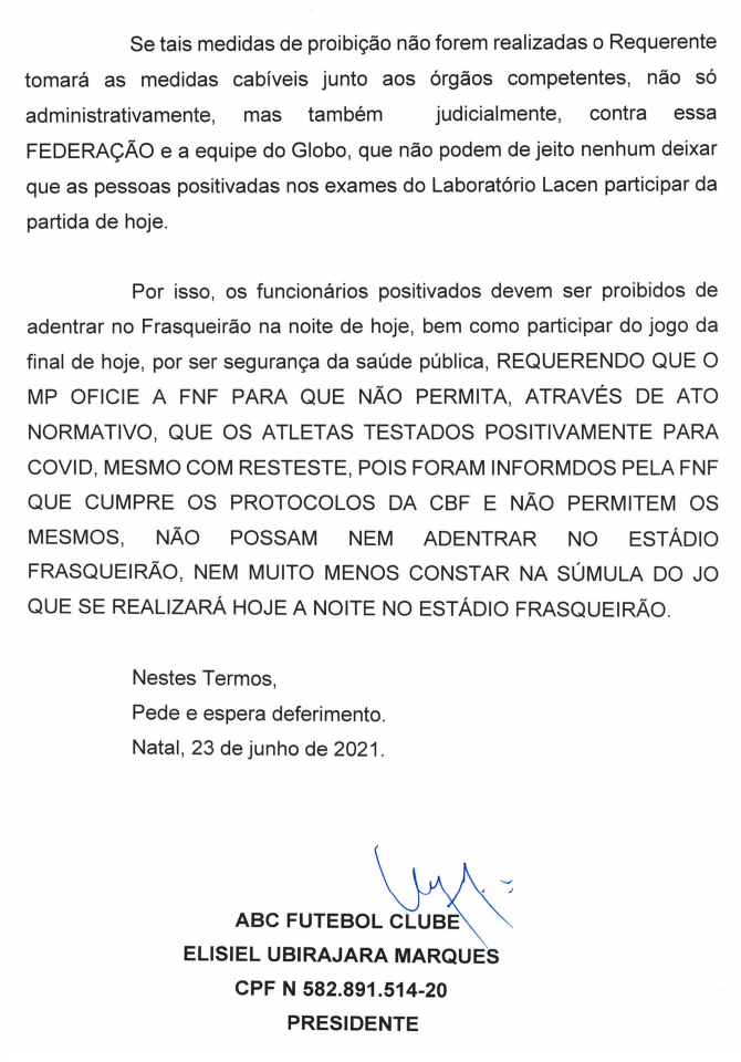 ABC ameaça recorrer a Justiça para impedir que jogadores do Globo com covid-19 entrem no Frasqueirão