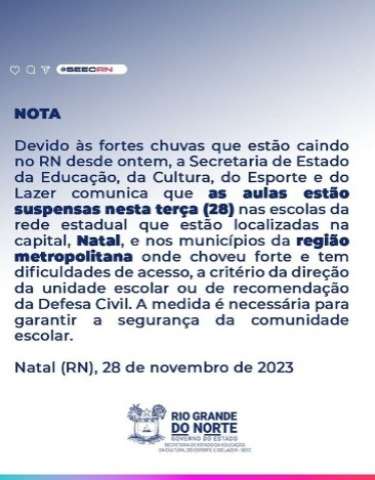 Secretaria Estadual de Educação suspende aulas por causa das chuvas