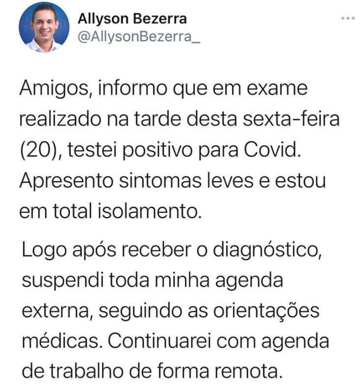 Prefeito eleito em Mossoró, Allyson Bezerra, testa positivo para Covid-19