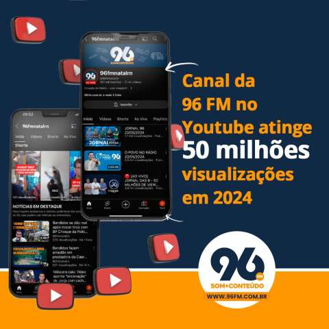 Recorde histórico: 96 FM atinge a marca de 50 milhões de visualizações no Youtube apenas em 2024