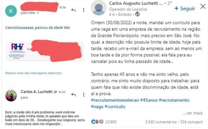 Homem é recusado pelo RH aos 45 anos, e empresa diz: 'Cancela, já passou da idade'