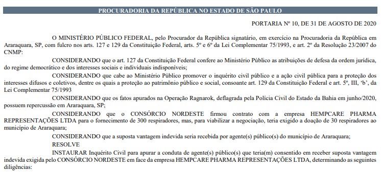 Caso Respiradores: MPF abre novo inquérito para apurar propina a agentes públicos