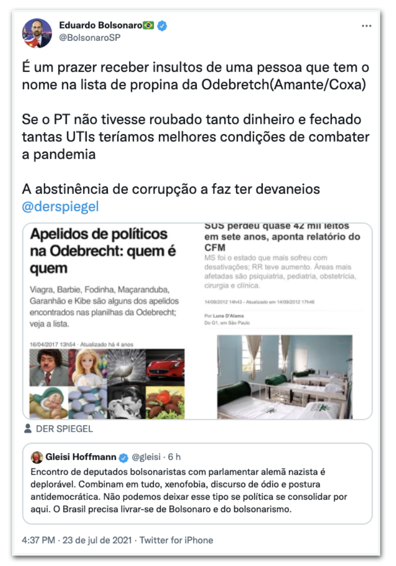 “Abstinência de corrupção a faz ter devaneios”, diz Eduardo Bolsonaro sobre Gleisi