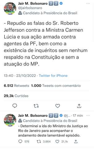Bolsonaro repudia comportamento de Roberto Jefferson
