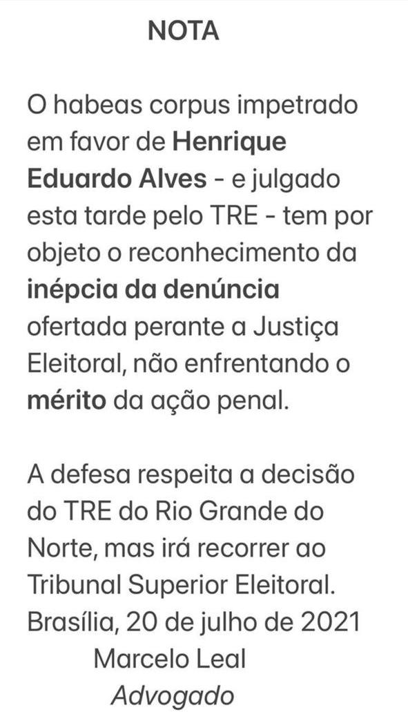 Defesa de Henrique Alves divulga nota