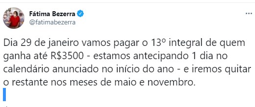 Governo Fátima vai pagar 13º de 2018 até novembro 2021