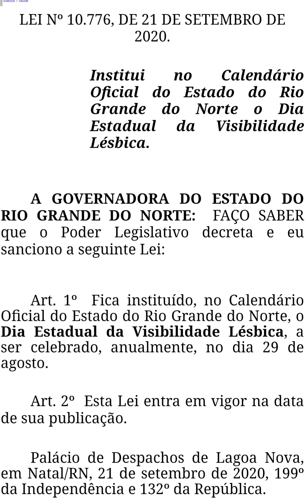 Fátima sanciona Dia da Visibilidade Lésbica no RN
