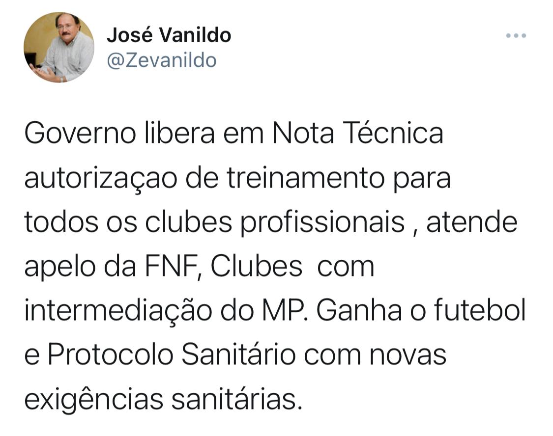 Presidente da Federação de Futebol confirma liberação para treinos de clubes profissionais