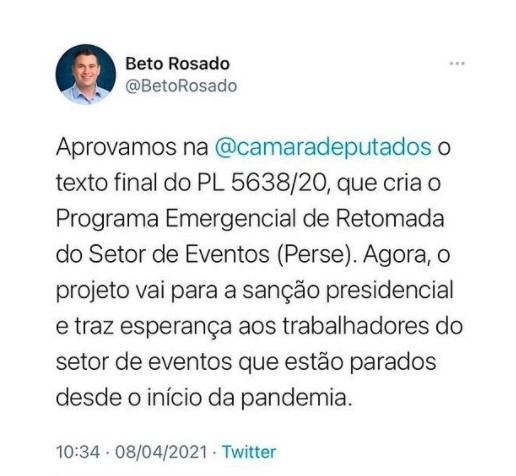 Beto Rosado comemora aprova do programa de apoio ao setor de eventos